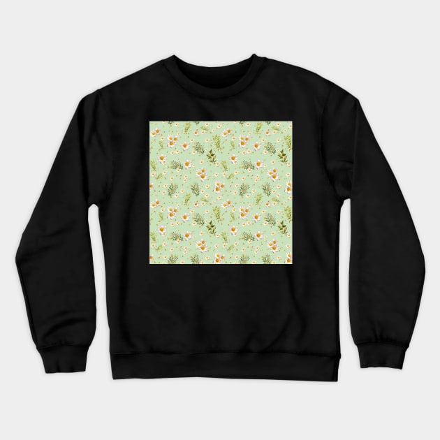 White Daisies Field Jade Floral Pattern Crewneck Sweatshirt by DMRStudio